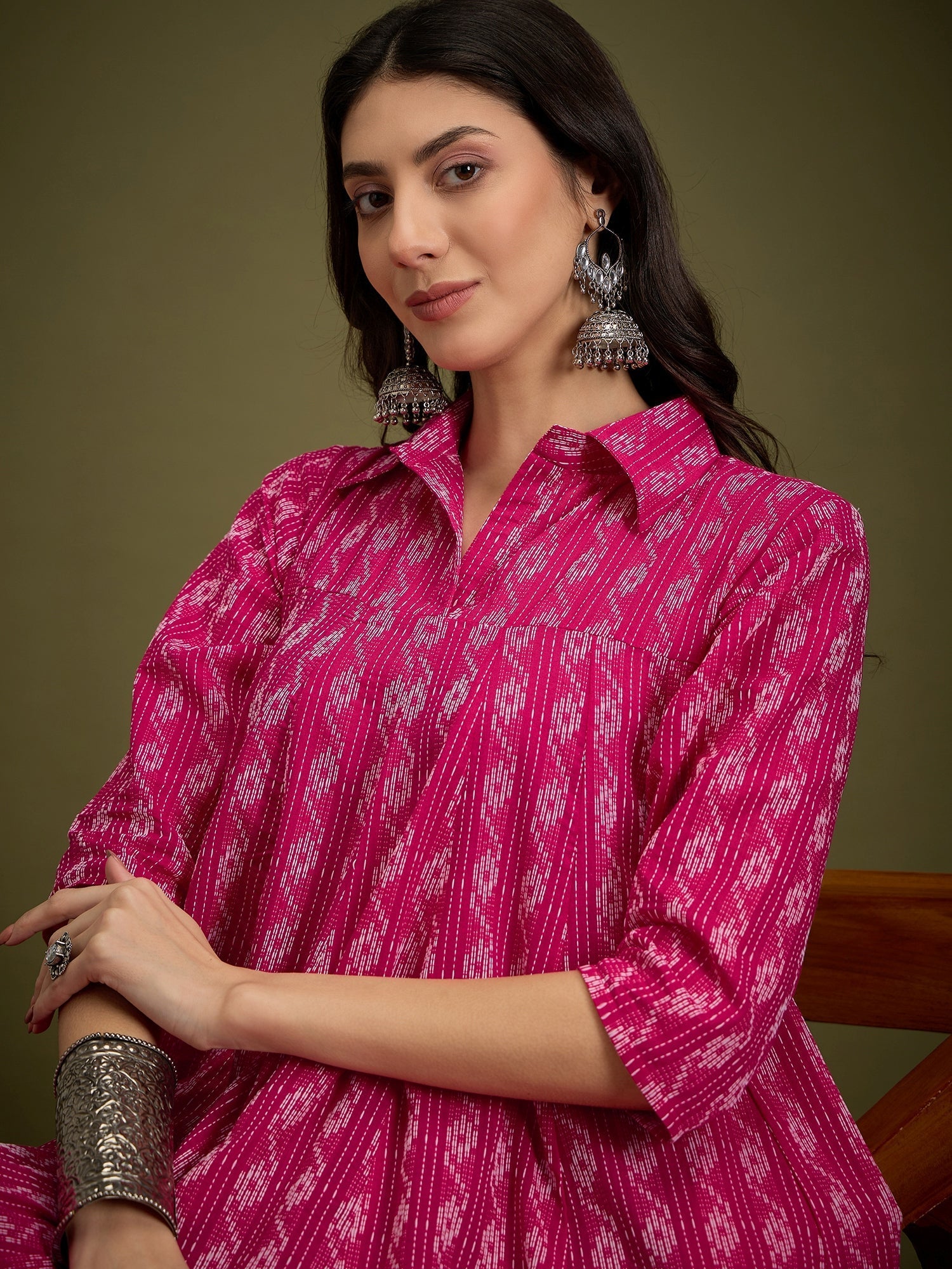 InWeave Fuchsia Ikkat Kantha Collar Flared Dress - Distacart