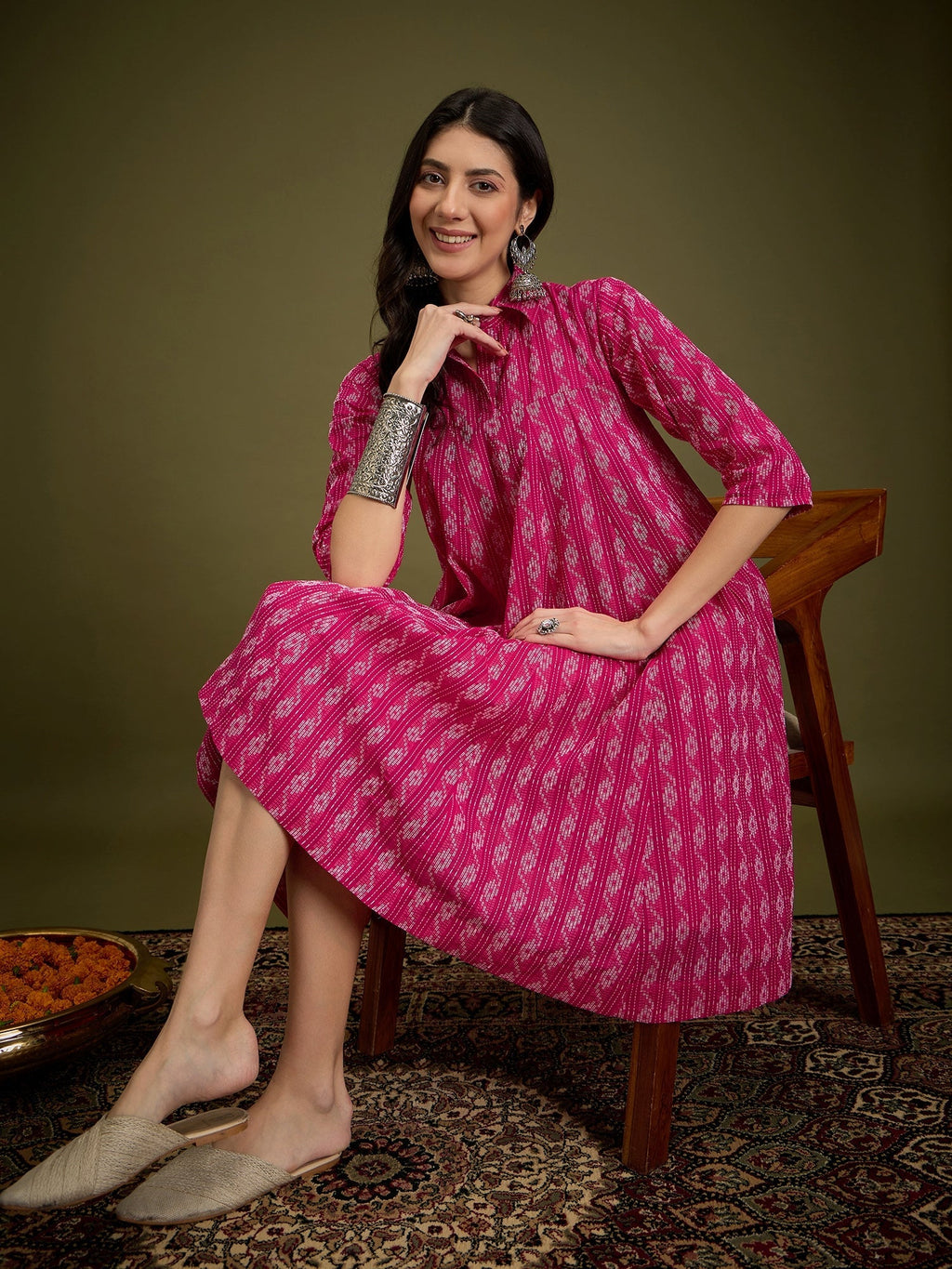 InWeave Fuchsia Ikkat Kantha Collar Flared Dress - Distacart