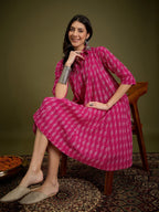 InWeave Fuchsia Ikkat Kantha Collar Flared Dress - Distacart