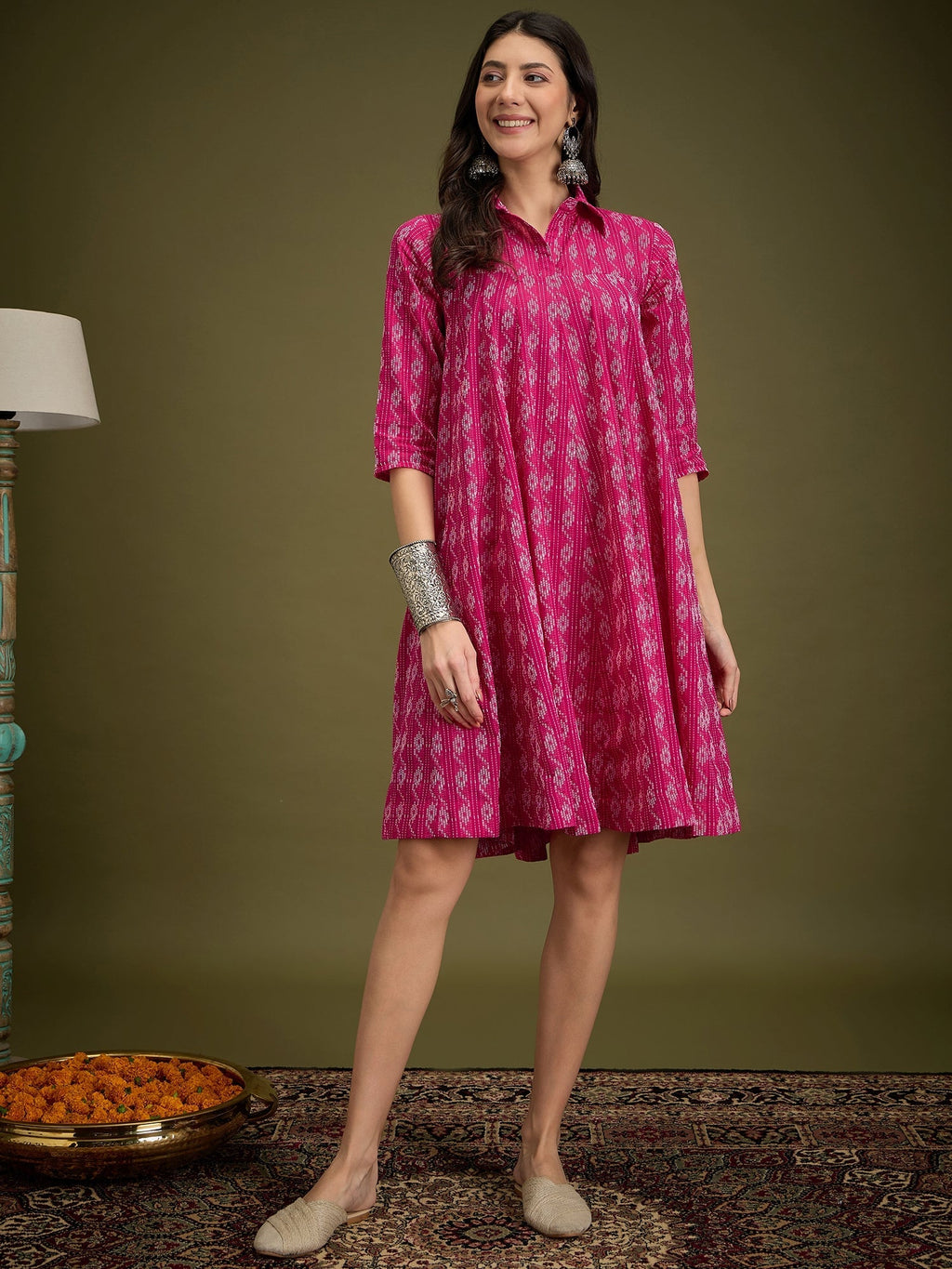 InWeave Fuchsia Ikkat Kantha Collar Flared Dress - Distacart