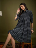 InWeave Black Ikkat Kantha Collar Flared Dress - Distacart