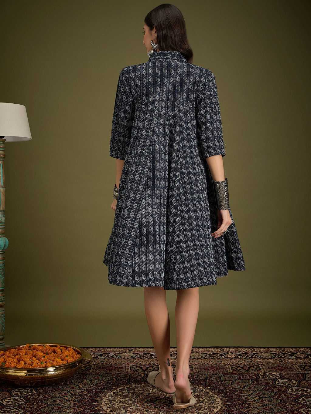 InWeave Black Ikkat Kantha Collar Flared Dress - Distacart