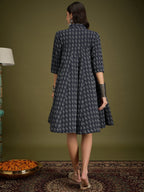 InWeave Black Ikkat Kantha Collar Flared Dress - Distacart