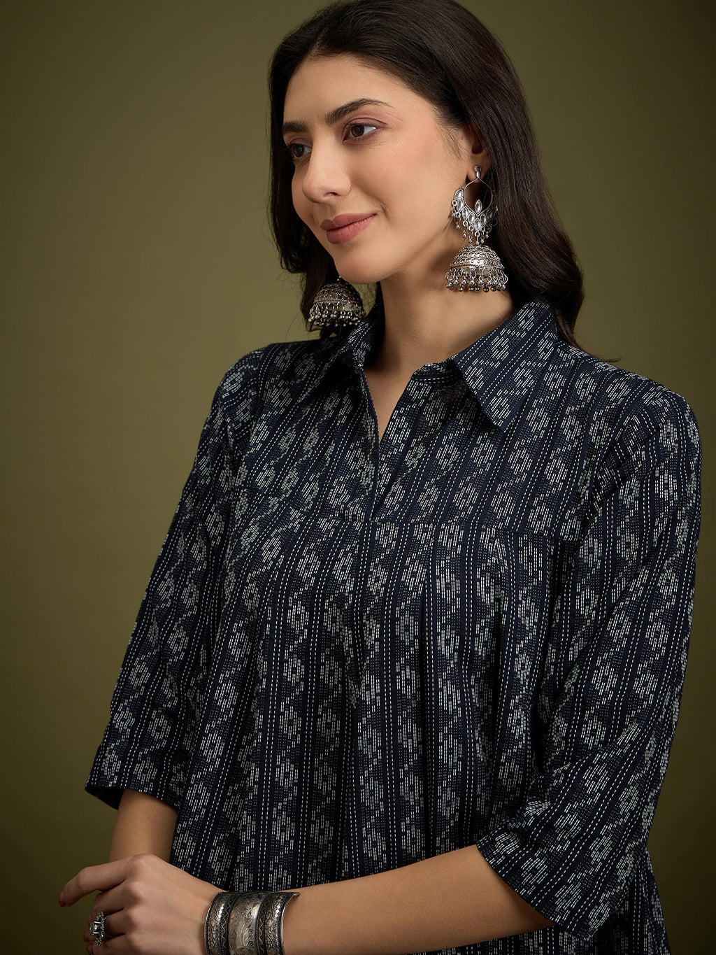 InWeave Black Ikkat Kantha Collar Flared Dress - Distacart