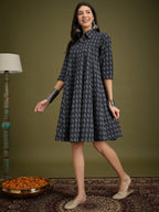 InWeave Black Ikkat Kantha Collar Flared Dress - Distacart