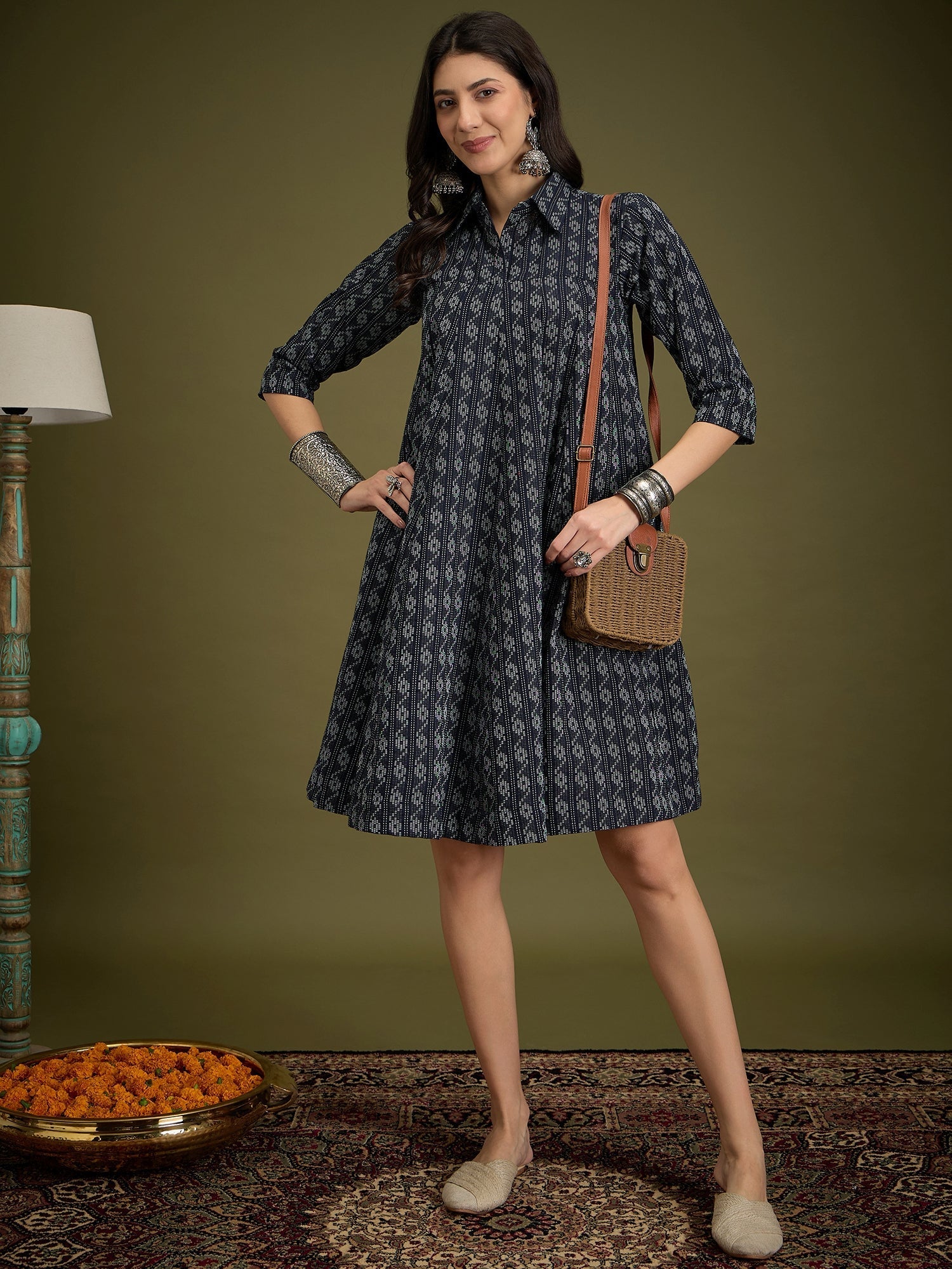 InWeave Black Ikkat Kantha Collar Flared Dress - Distacart