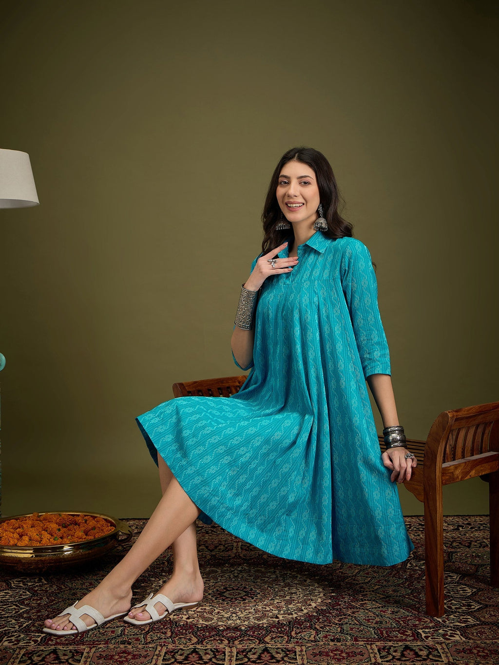InWeave Cyan Blue Ikkat Kantha Collar Flared Dress - Distacart