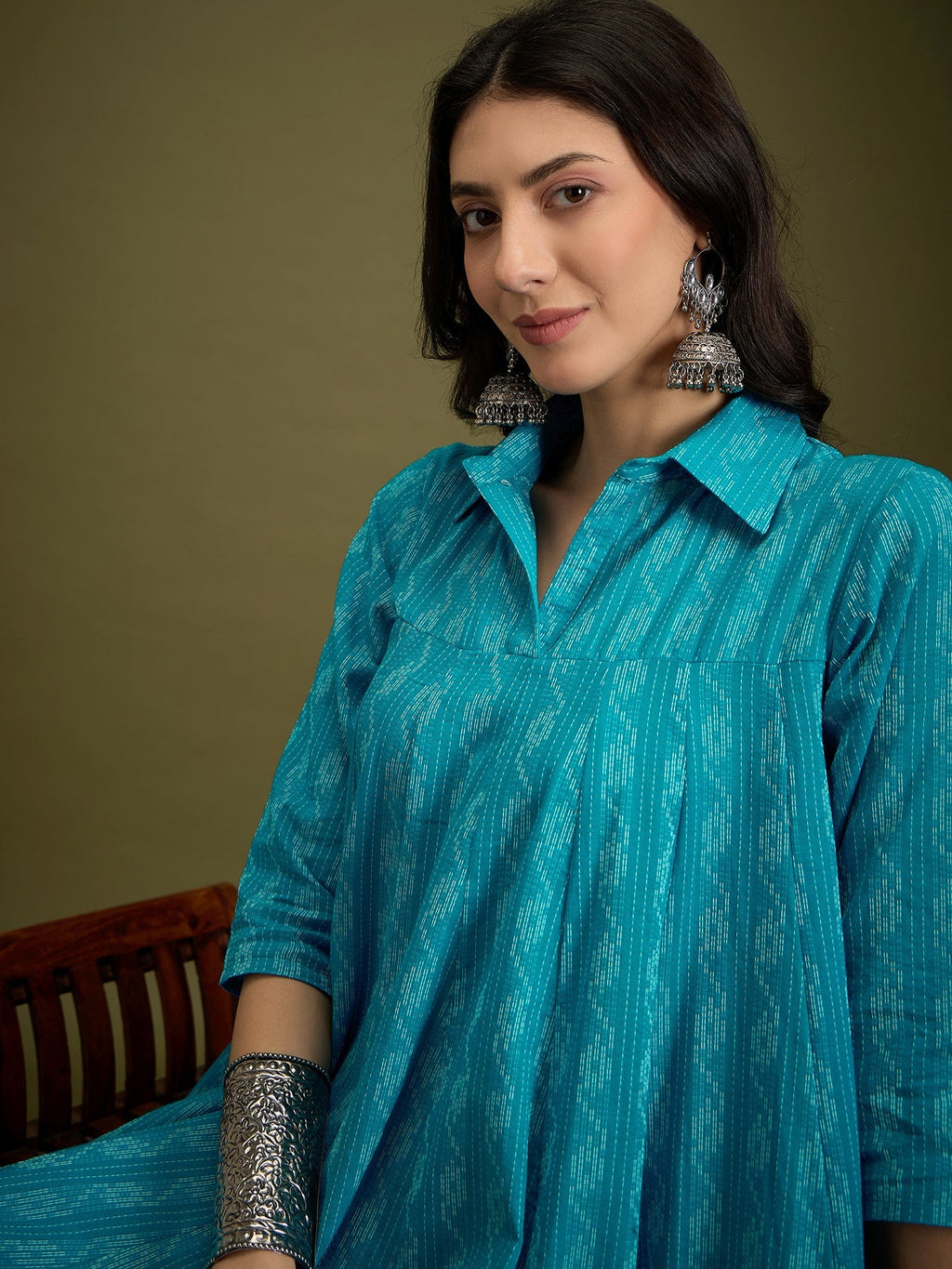 InWeave Cyan Blue Ikkat Kantha Collar Flared Dress - Distacart