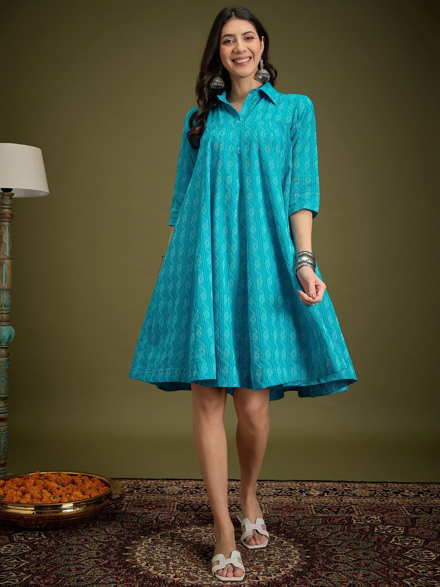 InWeave Cyan Blue Ikkat Kantha Collar Flared Dress - Distacart