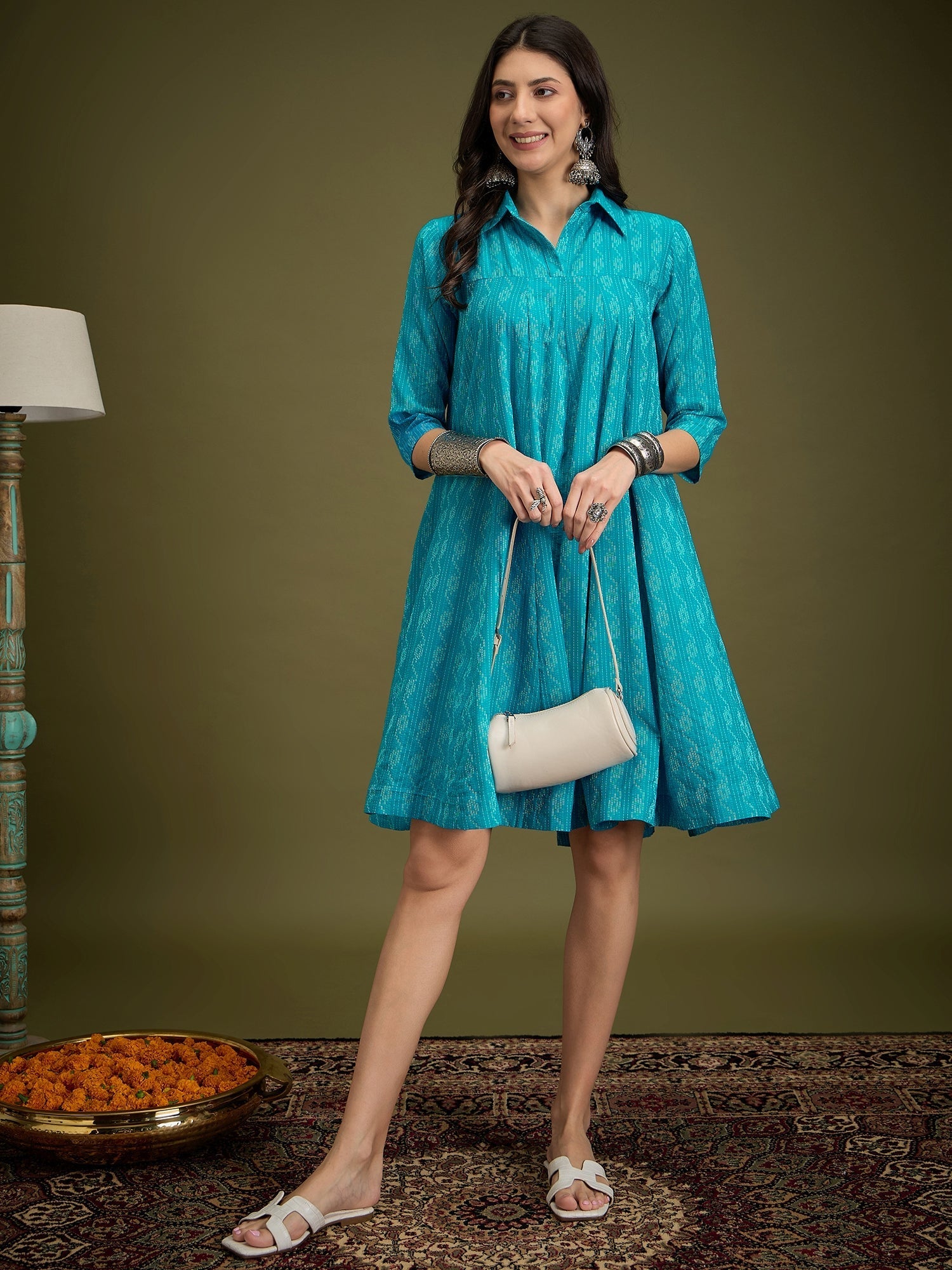 InWeave Cyan Blue Ikkat Kantha Collar Flared Dress - Distacart