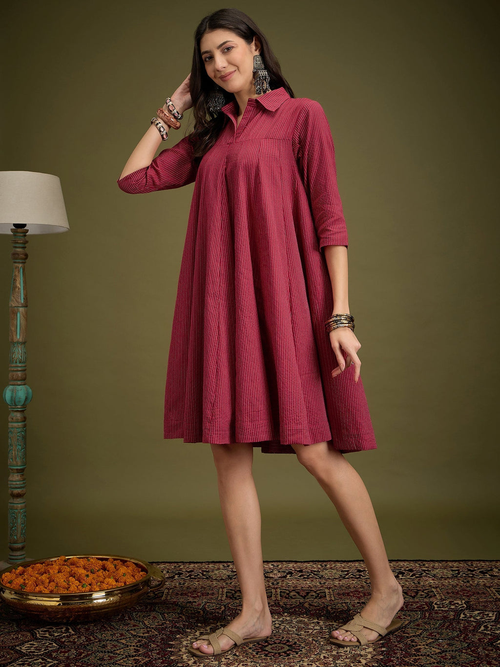 InWeave Maroon Kantha Collar Flared Dress - Distacart