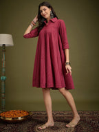 InWeave Maroon Kantha Collar Flared Dress - Distacart