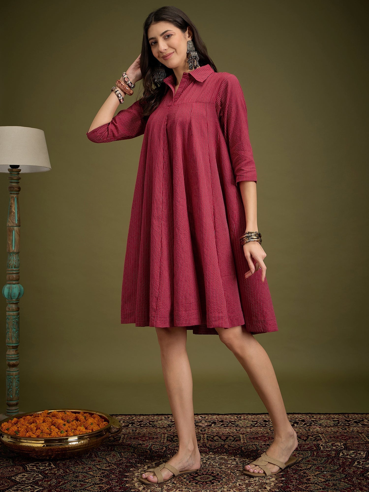 InWeave Maroon Kantha Collar Flared Dress - Distacart