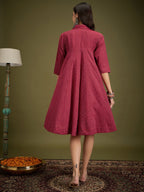 InWeave Maroon Kantha Collar Flared Dress - Distacart