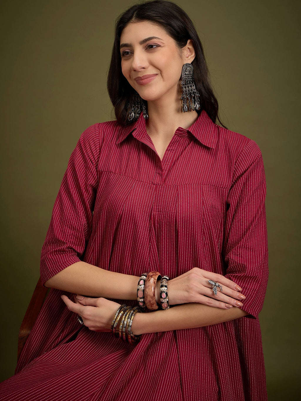 InWeave Maroon Kantha Collar Flared Dress - Distacart