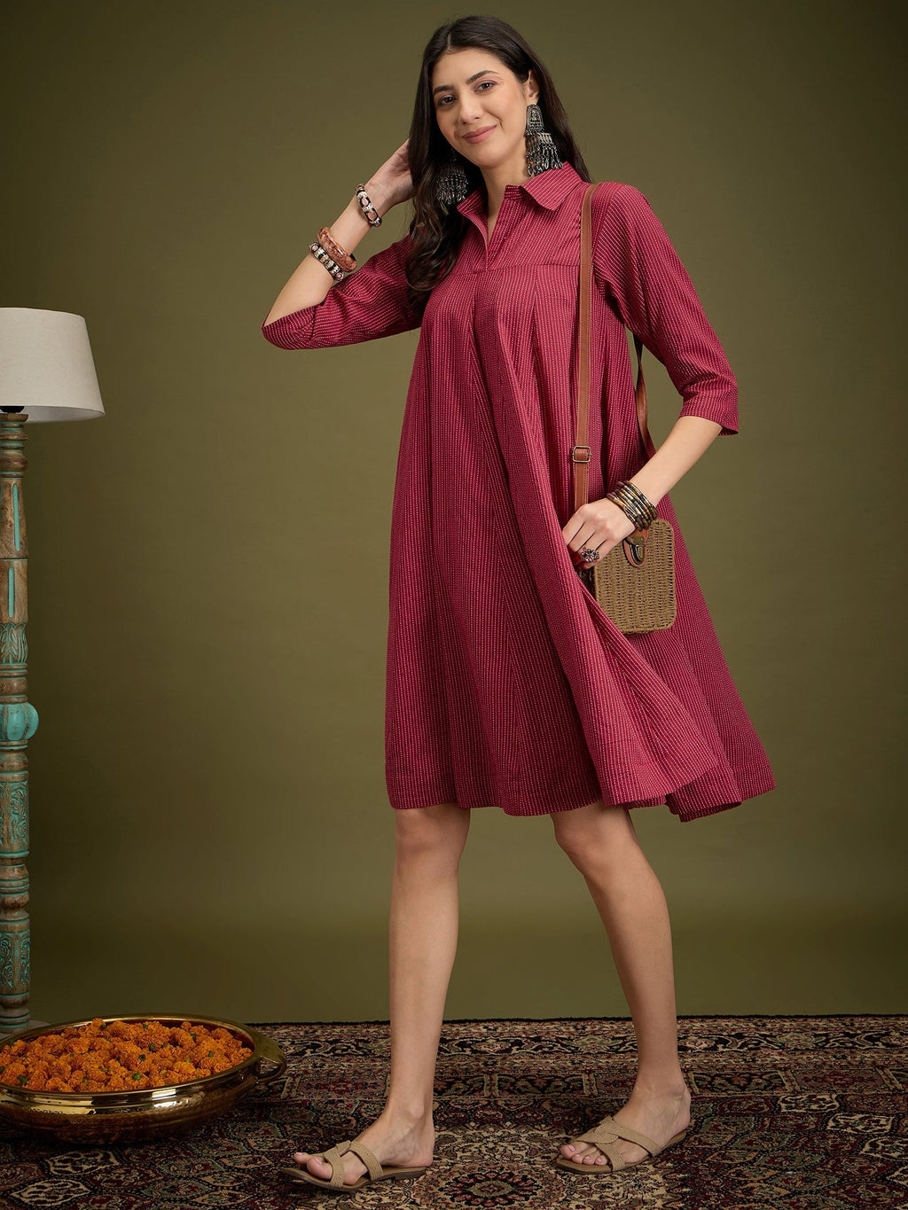 InWeave Maroon Kantha Collar Flared Dress - Distacart