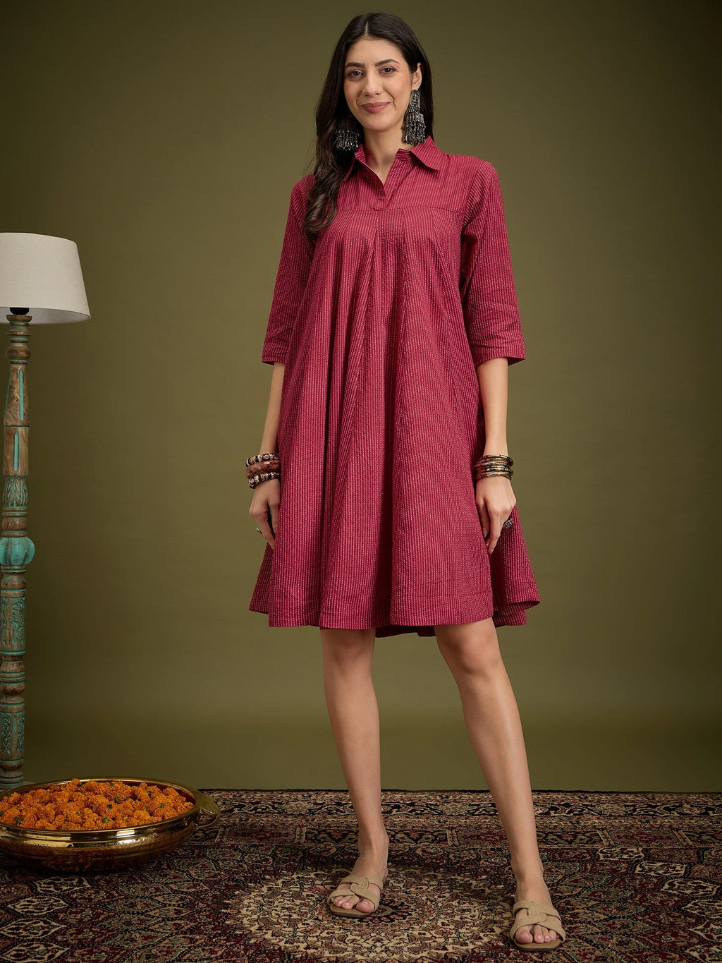 InWeave Maroon Kantha Collar Flared Dress - Distacart