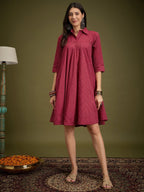 InWeave Maroon Kantha Collar Flared Dress - Distacart