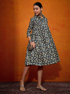 InWeave Black White Leaf Print Flared Dress - Distacart