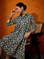 InWeave Black White Leaf Print Flared Dress - Distacart