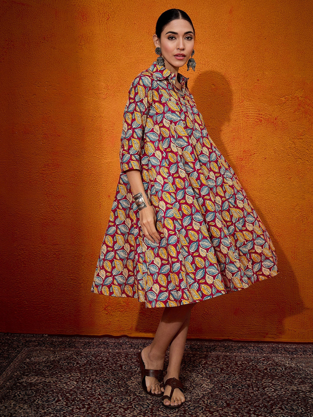InWeave Maroon Yellow Blue Leaf Print Flared Dress - Distacart