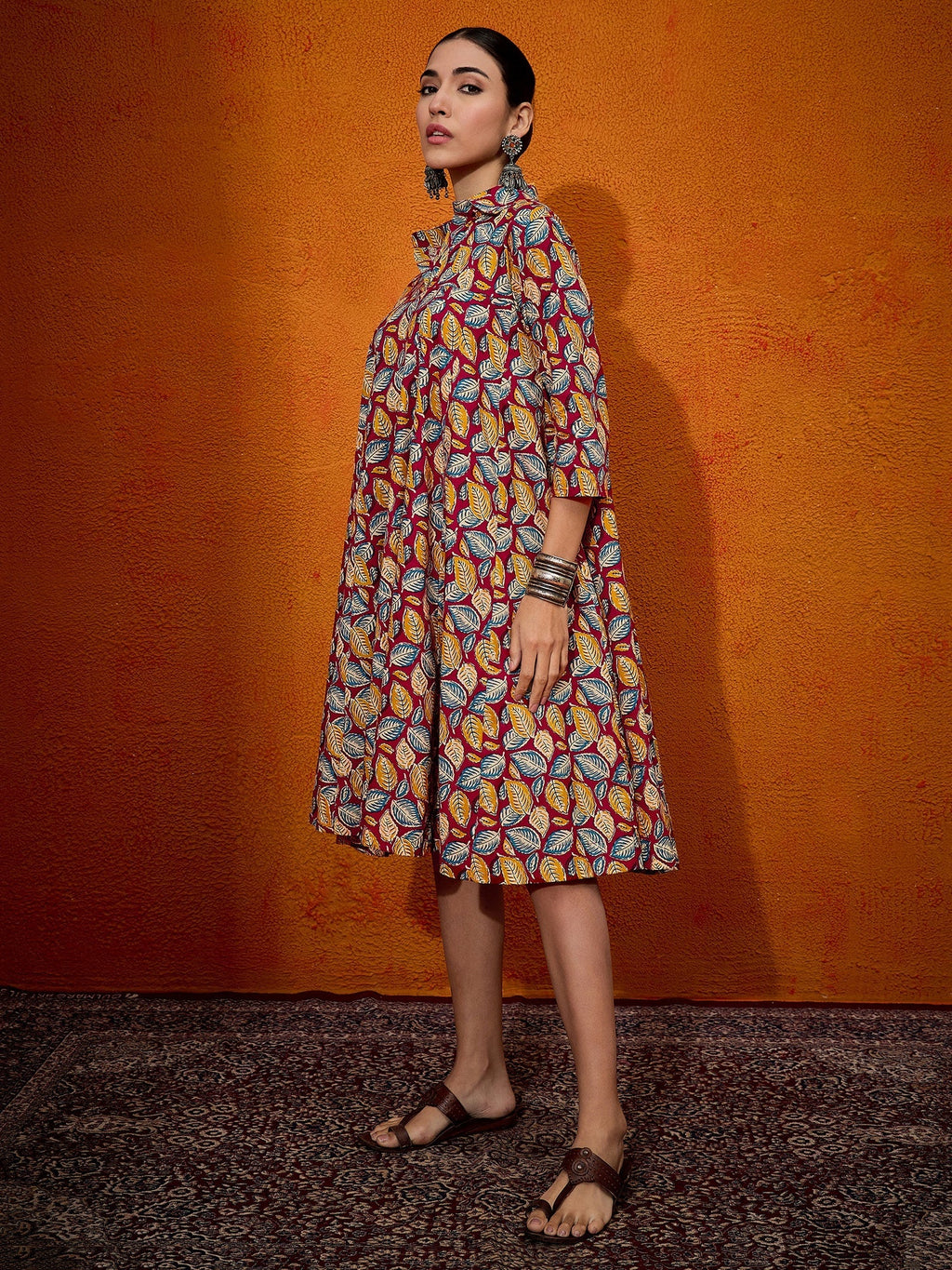 InWeave Maroon Yellow Blue Leaf Print Flared Dress - Distacart
