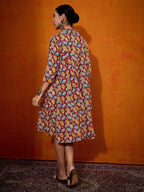 InWeave Maroon Yellow Blue Leaf Print Flared Dress - Distacart