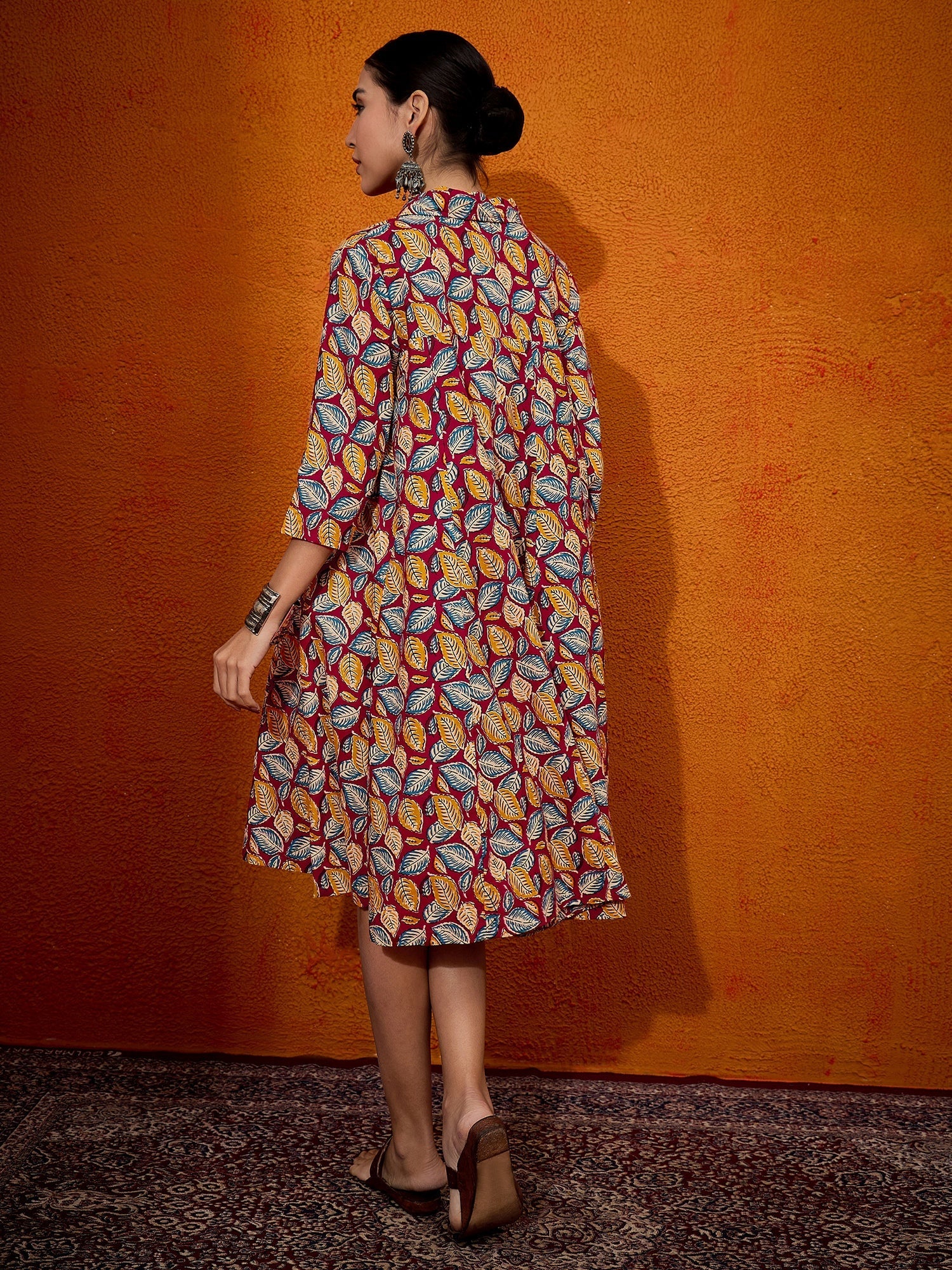 InWeave Maroon Yellow Blue Leaf Print Flared Dress - Distacart
