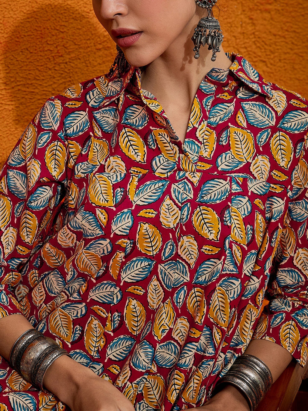 InWeave Maroon Yellow Blue Leaf Print Flared Dress - Distacart
