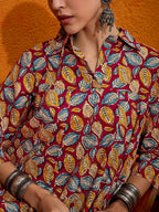 InWeave Maroon Yellow Blue Leaf Print Flared Dress - Distacart