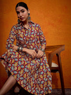 InWeave Maroon Yellow Blue Leaf Print Flared Dress - Distacart