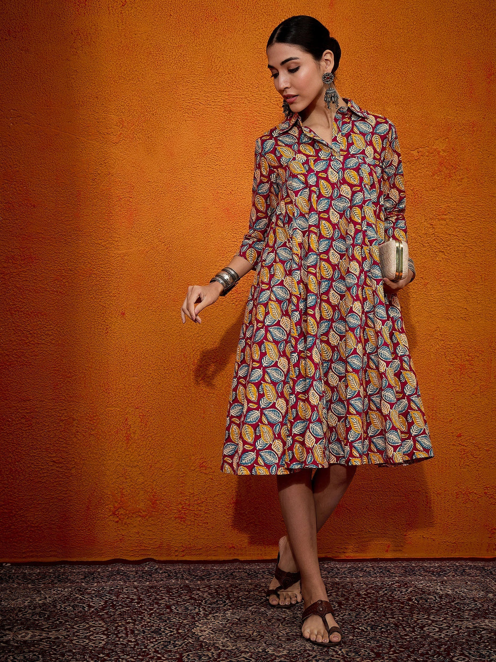 InWeave Maroon Yellow Blue Leaf Print Flared Dress - Distacart