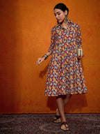 InWeave Maroon Yellow Blue Leaf Print Flared Dress - Distacart