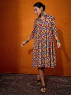 InWeave Maroon Yellow Blue Leaf Print Flared Dress - Distacart