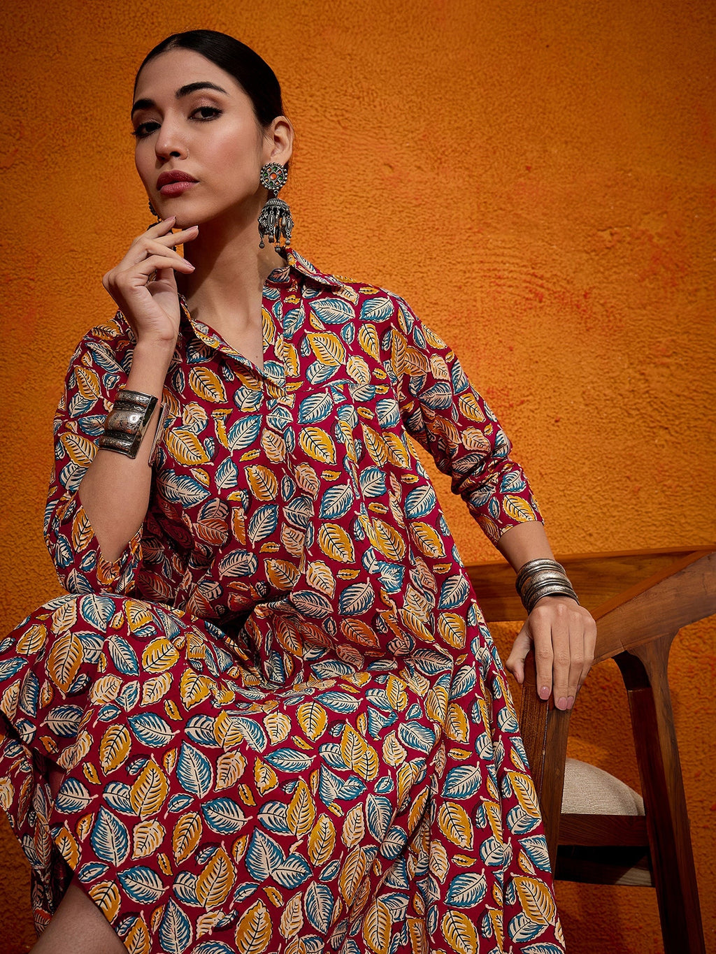 InWeave Maroon Yellow Blue Leaf Print Flared Dress - Distacart
