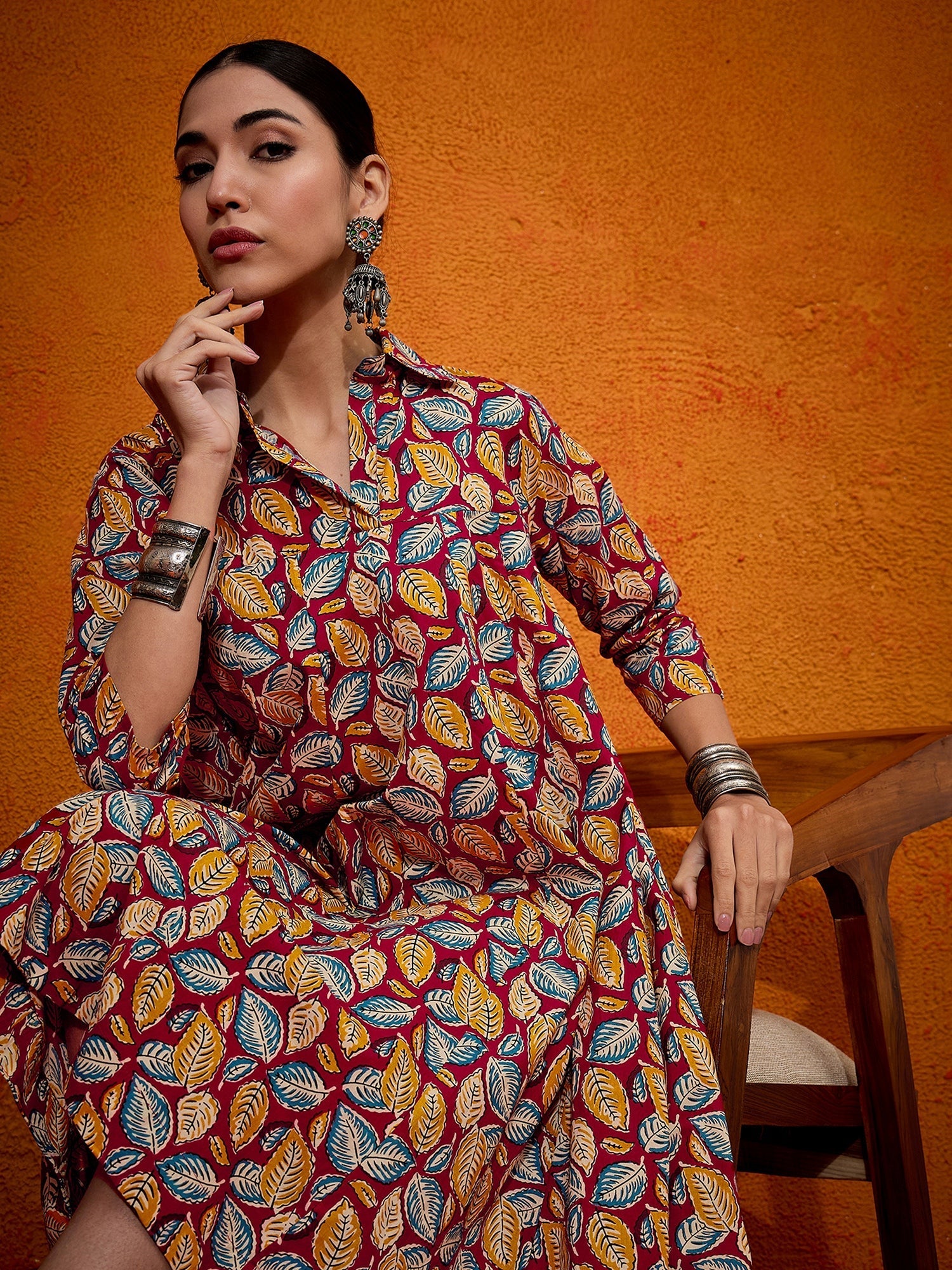 InWeave Maroon Yellow Blue Leaf Print Flared Dress - Distacart