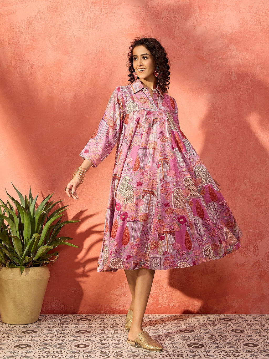 InWeave Dull Pink Window Floral Flared Collar Dress - Distacart