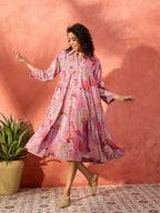 InWeave Dull Pink Window Floral Flared Collar Dress - Distacart