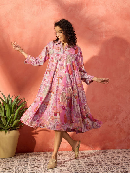 InWeave Dull Pink Window Floral Flared Collar Dress