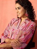 InWeave Dull Pink Window Floral Flared Collar Dress - Distacart