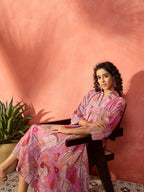 InWeave Dull Pink Window Floral Flared Collar Dress - Distacart