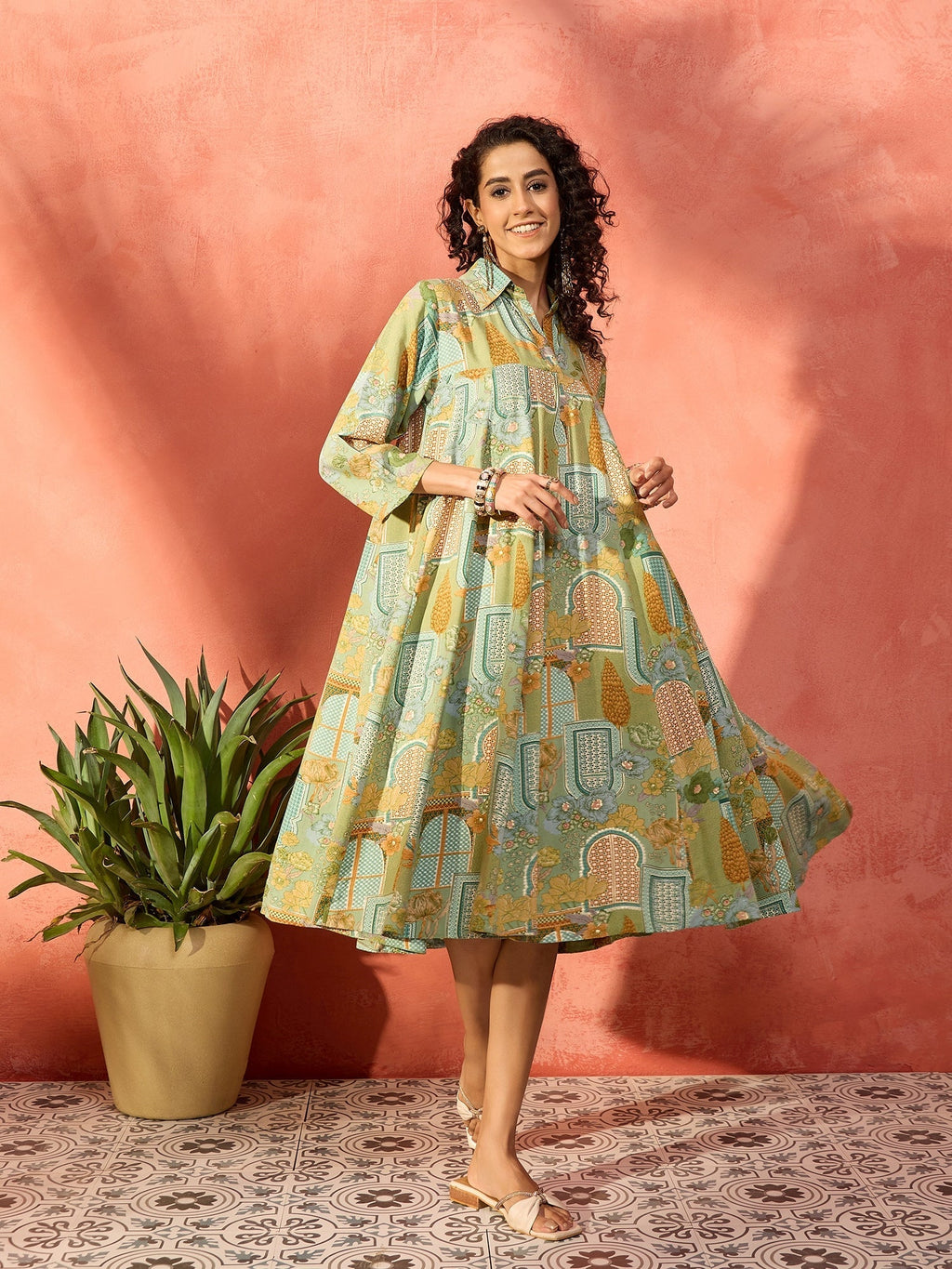 InWeave Pear Green Window Floral Flared Collar Dress - Distacart