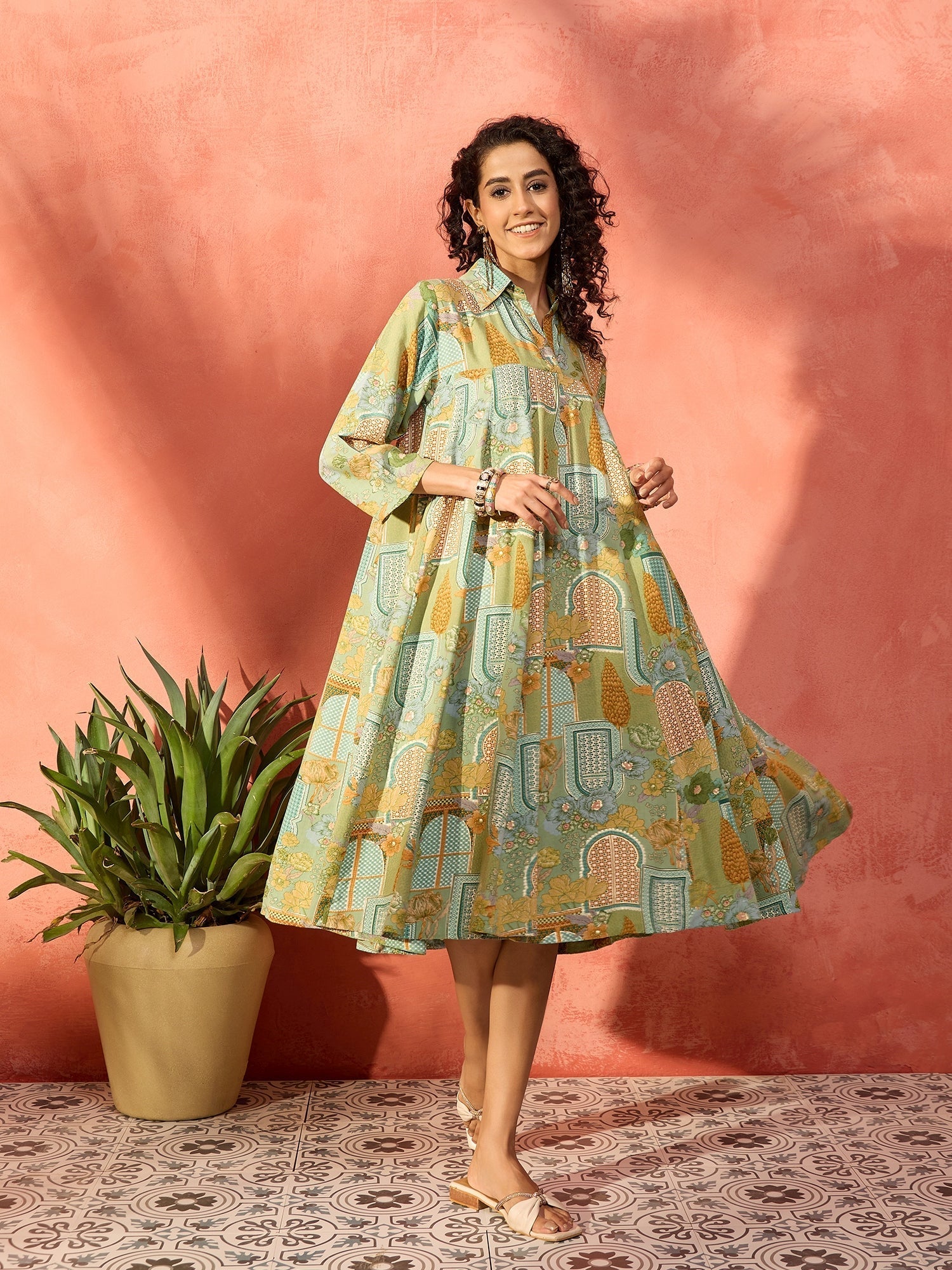 InWeave Pear Green Window Floral Flared Collar Dress - Distacart