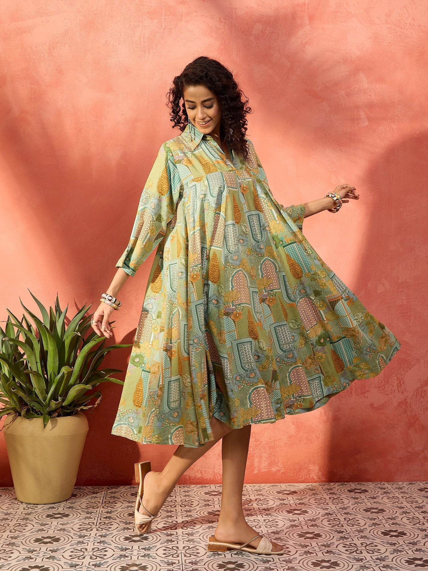 InWeave Pear Green Window Floral Flared Collar Dress - Distacart
