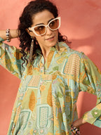 InWeave Pear Green Window Floral Flared Collar Dress - Distacart