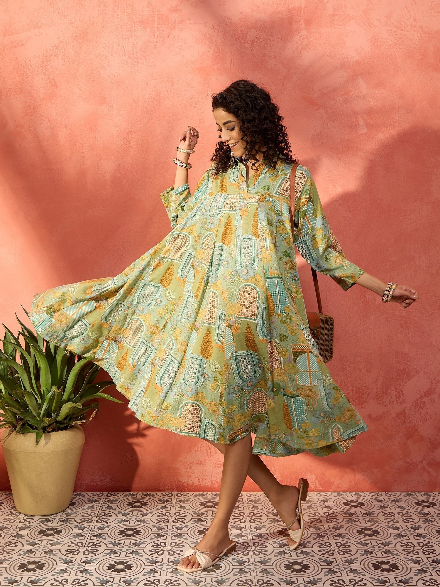 InWeave Pear Green Window Floral Flared Collar Dress - Distacart