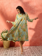 InWeave Pear Green Window Floral Flared Collar Dress - Distacart
