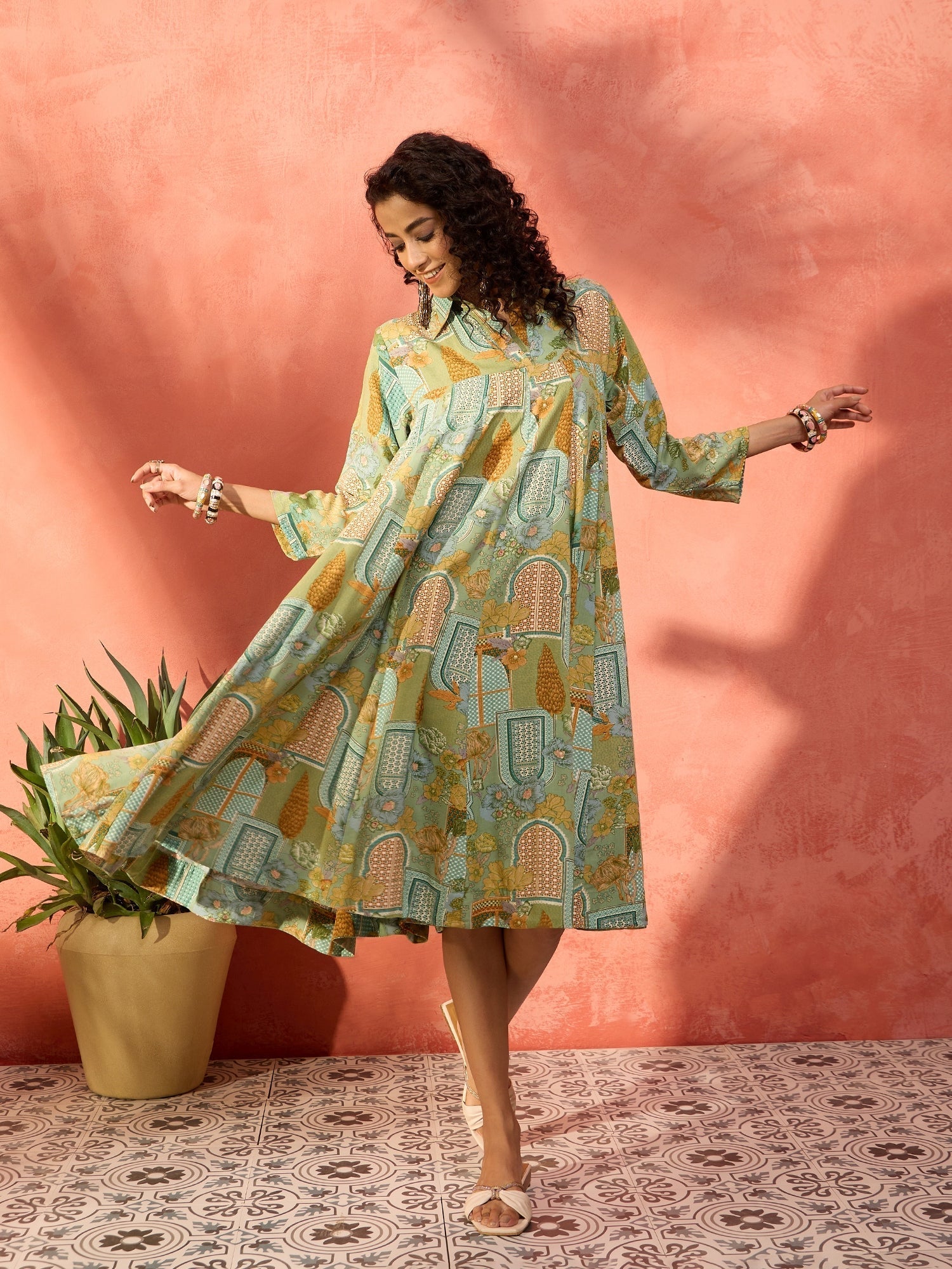 InWeave Pear Green Window Floral Flared Collar Dress - Distacart
