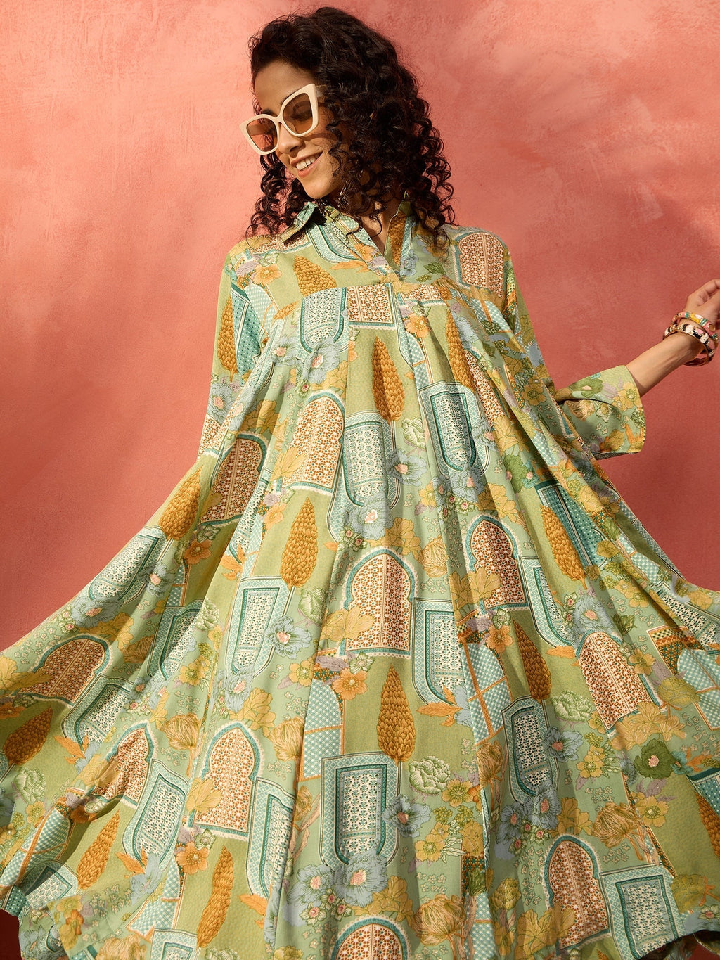 InWeave Pear Green Window Floral Flared Collar Dress - Distacart