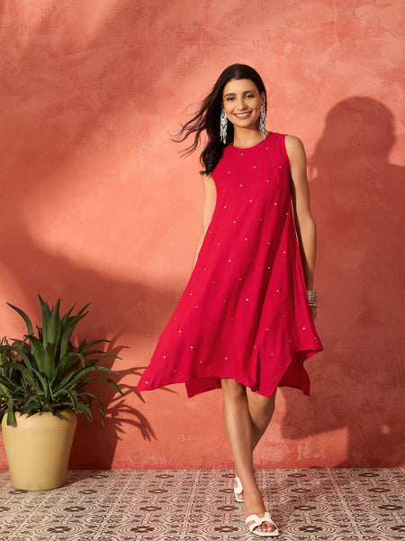 InWeave Red Mirror Work Round Neck W/S Dress